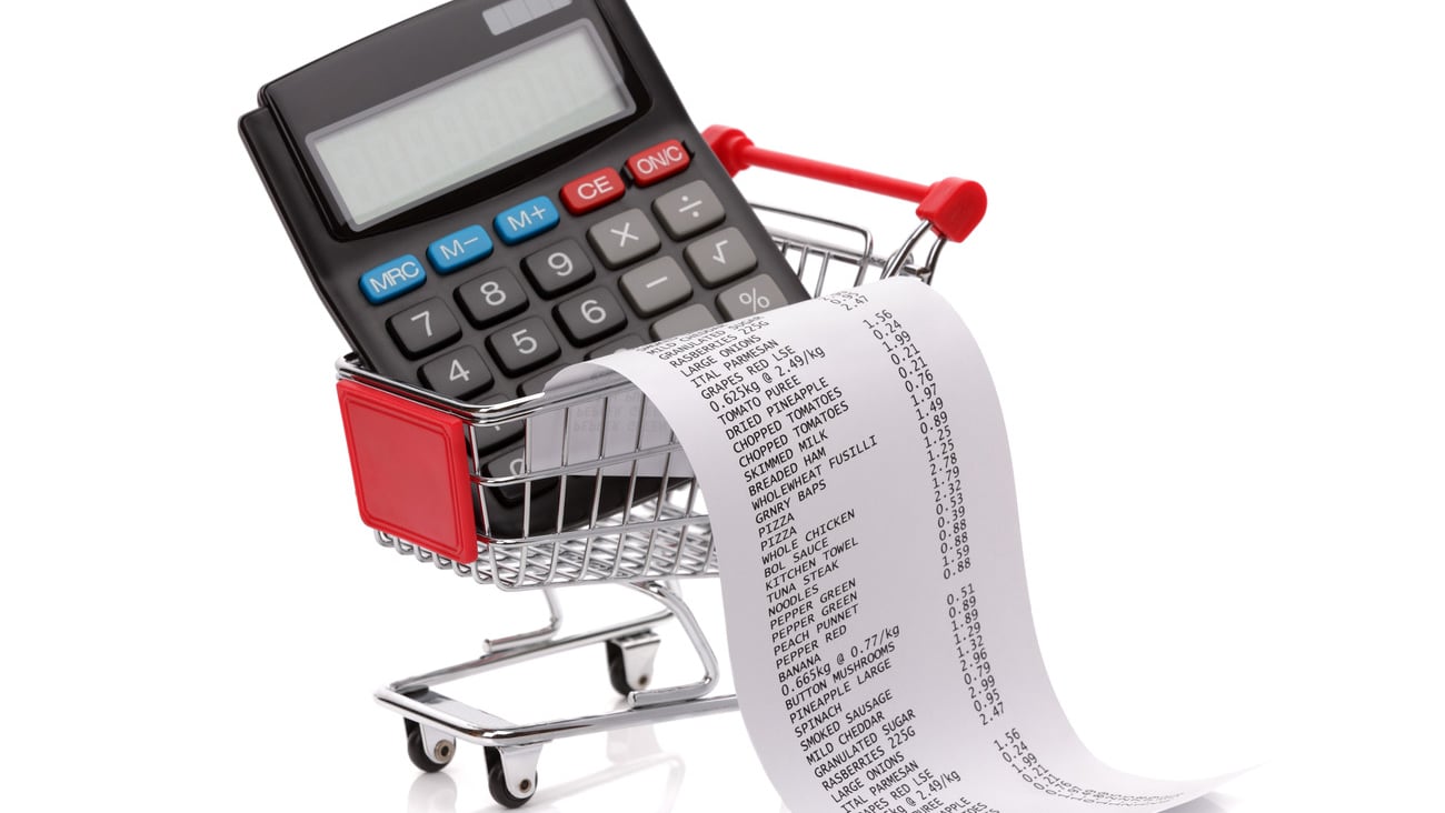 Shopping till receipt, calculator and cart concept for grocery expenses and consumerism; Shutterstock ID 139154477