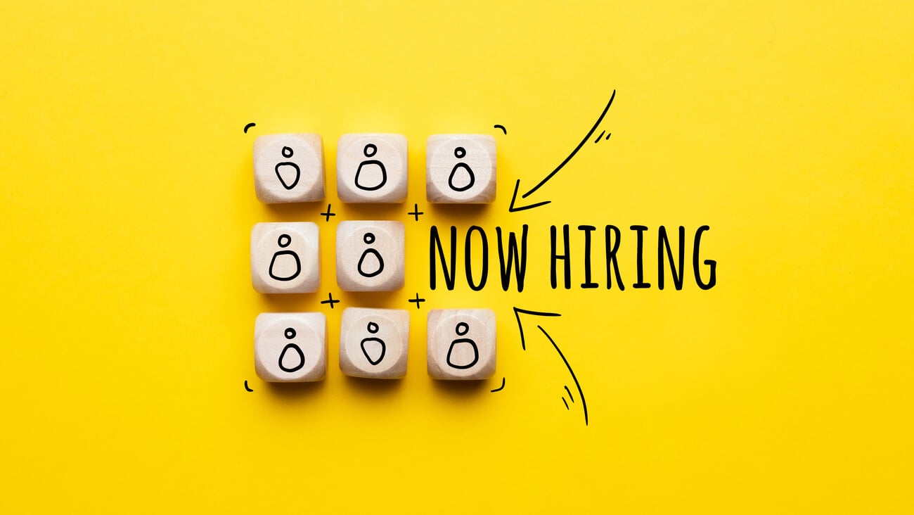 Concept is now hiring. Abstract staff icons on dice; Shutterstock ID 1962176539