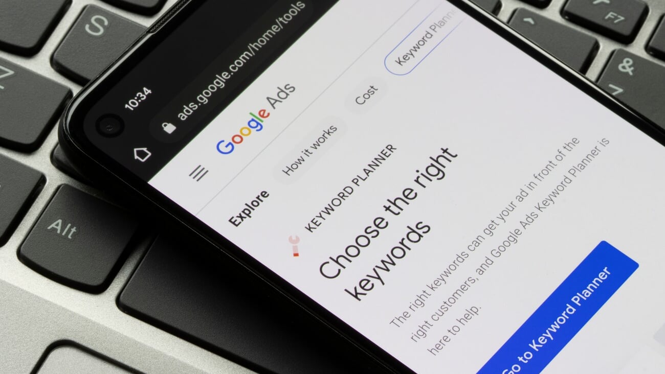 Portland, OR, USA - Feb 21, 2022: Webpage of Google Ads Keyword Planner is seen on a Google Pixel smartphone. Keyword Planner is a feature within Google Ads for building strong key word lists.; Shutterstock ID 2128831787