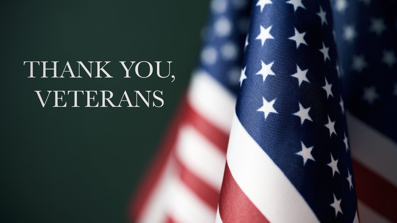some american flags and the text thank you veterans against a dark green background; Shutterstock ID 747673174