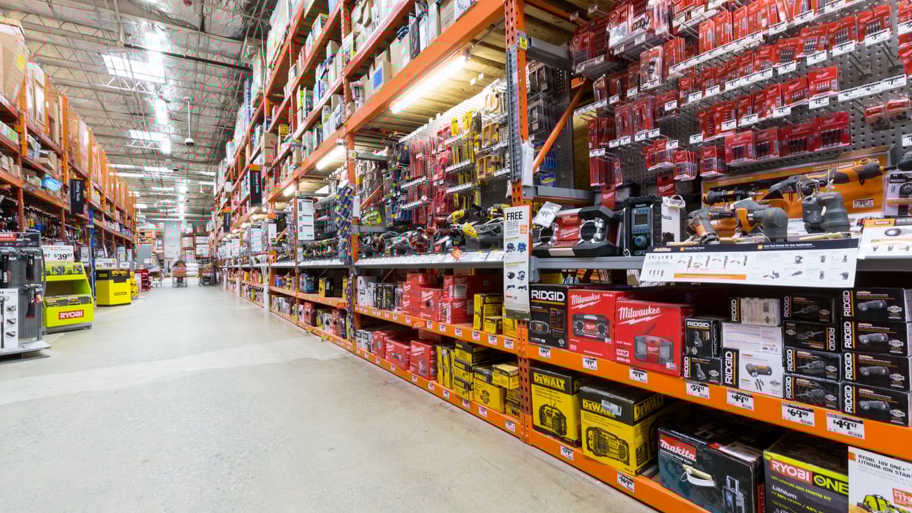 EAST HANOVER, NJ, UNITED STATES - MAY 6, 2014: Power tools aisle in a Home Depot hardware store. The Home Depot is the largest american home improvement retailer with over 120 millions visitors yearly; Shutterstock ID 191679911