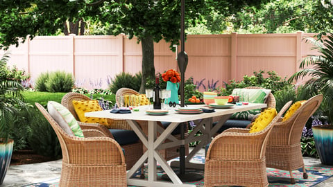 a table topped with a blue umbrella