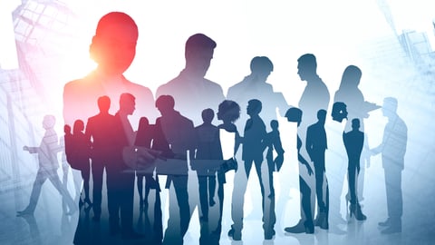 Business team members with young woman leader over skyscrapers background. Concept of diversity, teamwork and corporate lifestyle. Toned image double exposure; Shutterstock ID 1376909315