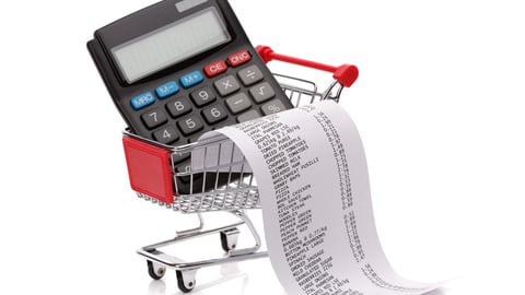 Shopping till receipt, calculator and cart concept for grocery expenses and consumerism; Shutterstock ID 139154477