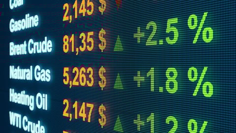 Rising prices and positive percentage price changes of Brent Crude Oil, Natural Gas and Heating Oil on a trading screen for commodities. 3D illustration; Shutterstock ID 2064959315