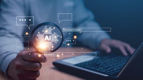 Searching for information in technology with AI systems concept, Businessman holding magnifying glass with command prompt, chat and AI search engine for data by connect to global internet network.; Shutterstock ID 2404619821