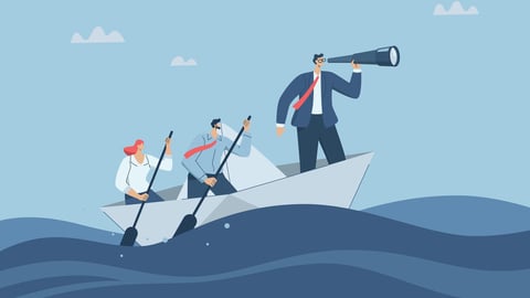 Discovering new business opportunities and investments, Vision and goal setting, Business team is rowing boat with binoculars standing in paper boat and looking forward, Vector design illustration.; Shutterstock ID 2410369313