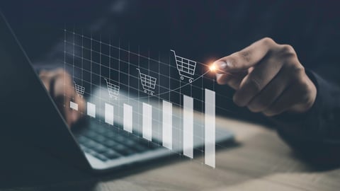 Retail and commerce growth with upward trends. Features a graph showing increased sales and profits, Market value, procurement, and performance improvement with up arrows.; Shutterstock ID 2471664699