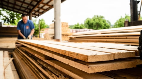 Close up on stack of rough sawn timber pine lumber planks construction material; Shutterstock ID 1409127893