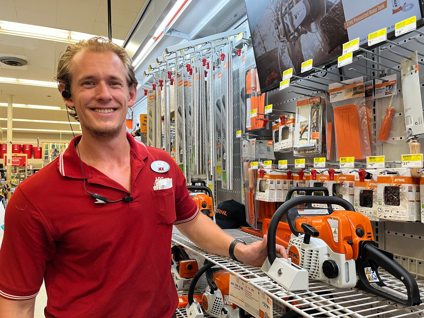 Northbrook Ace mgr Bradley Gadek with chain saws locked