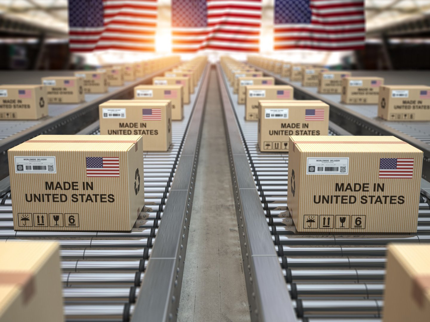 Made in USA United States. Cardboard boxes with text made in USA and american flag on the roller conveyor. 3d illustration; Shutterstock ID 1524024683