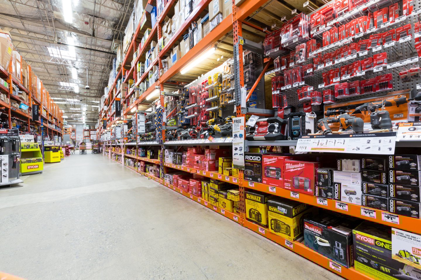 EAST HANOVER, NJ, UNITED STATES - MAY 6, 2014: Power tools aisle in a Home Depot hardware store. The Home Depot is the largest american home improvement retailer with over 120 millions visitors yearly; Shutterstock ID 191679911