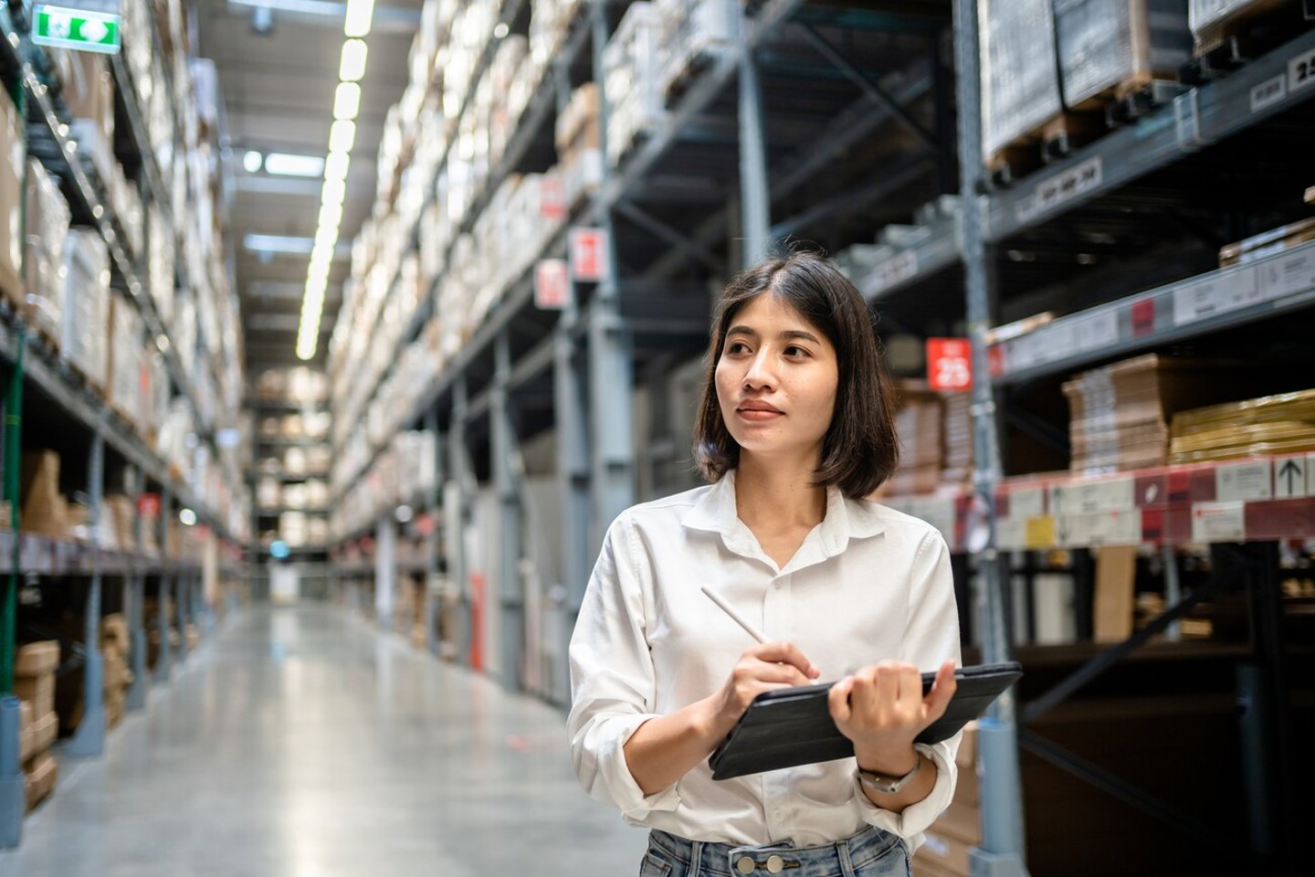 Woman worker using digital tablet checking the stock inventory, Smart warehouse management system, Supply chain and logistic network technology concept.; Shutterstock ID 2175206511