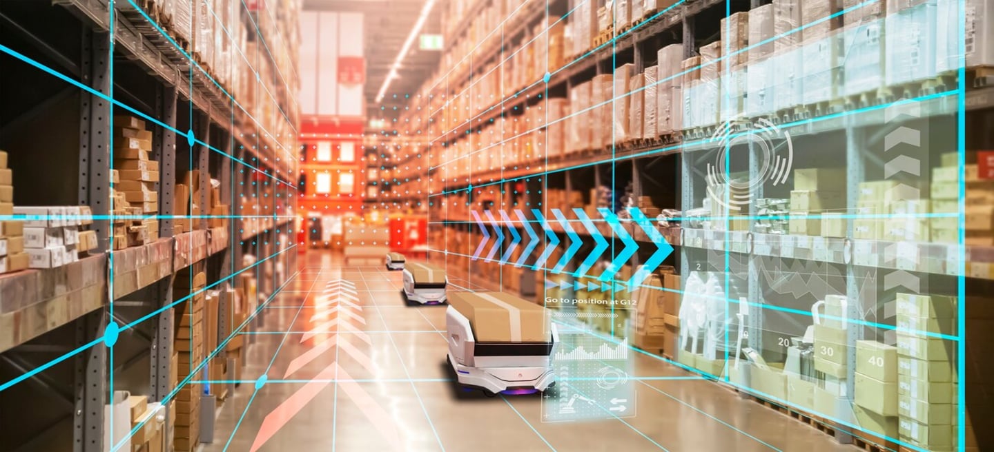 Warehouse management with automated robotics,Warehousing and Technology Connections.,using automation in product management,AI systems for work; Shutterstock ID 2321214945