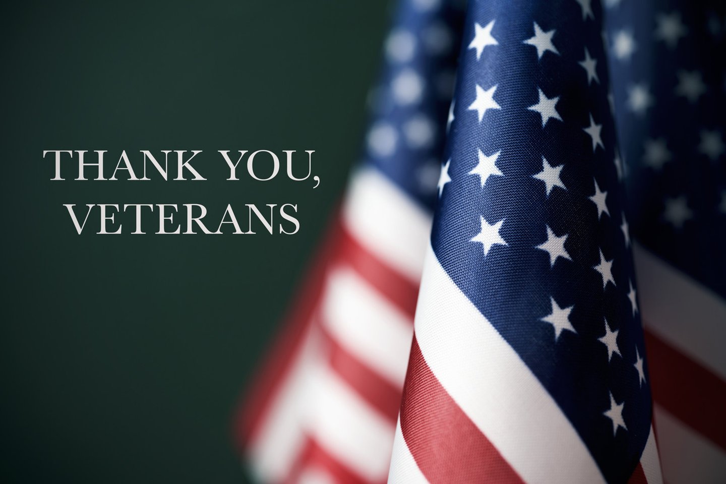 some american flags and the text thank you veterans against a dark green background; Shutterstock ID 747673174