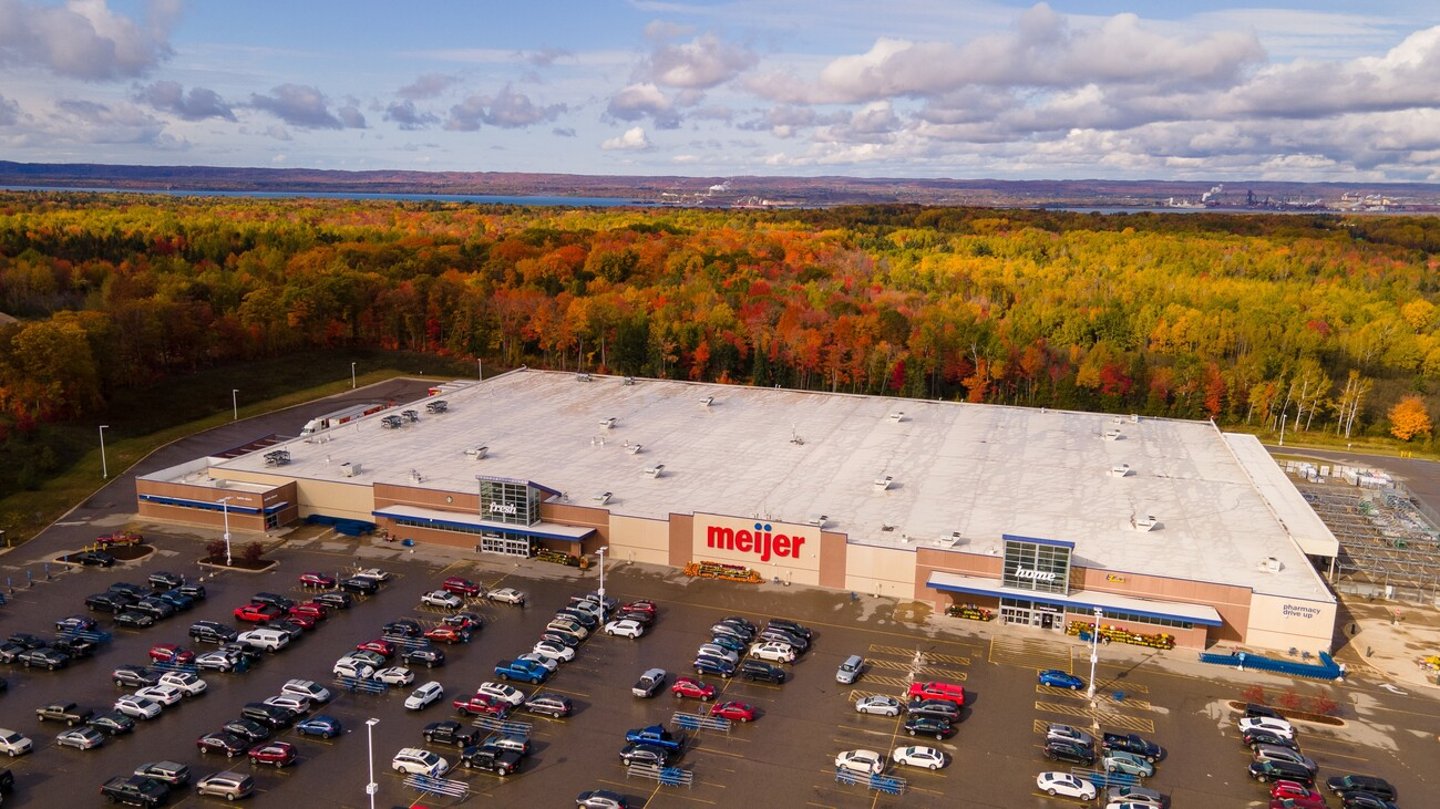 Sault Ste Marie, Michigan USA - Oct 16th, 2022: Aerial view of a Meijer supermarket with fall colors ; Shutterstock ID 2299303407