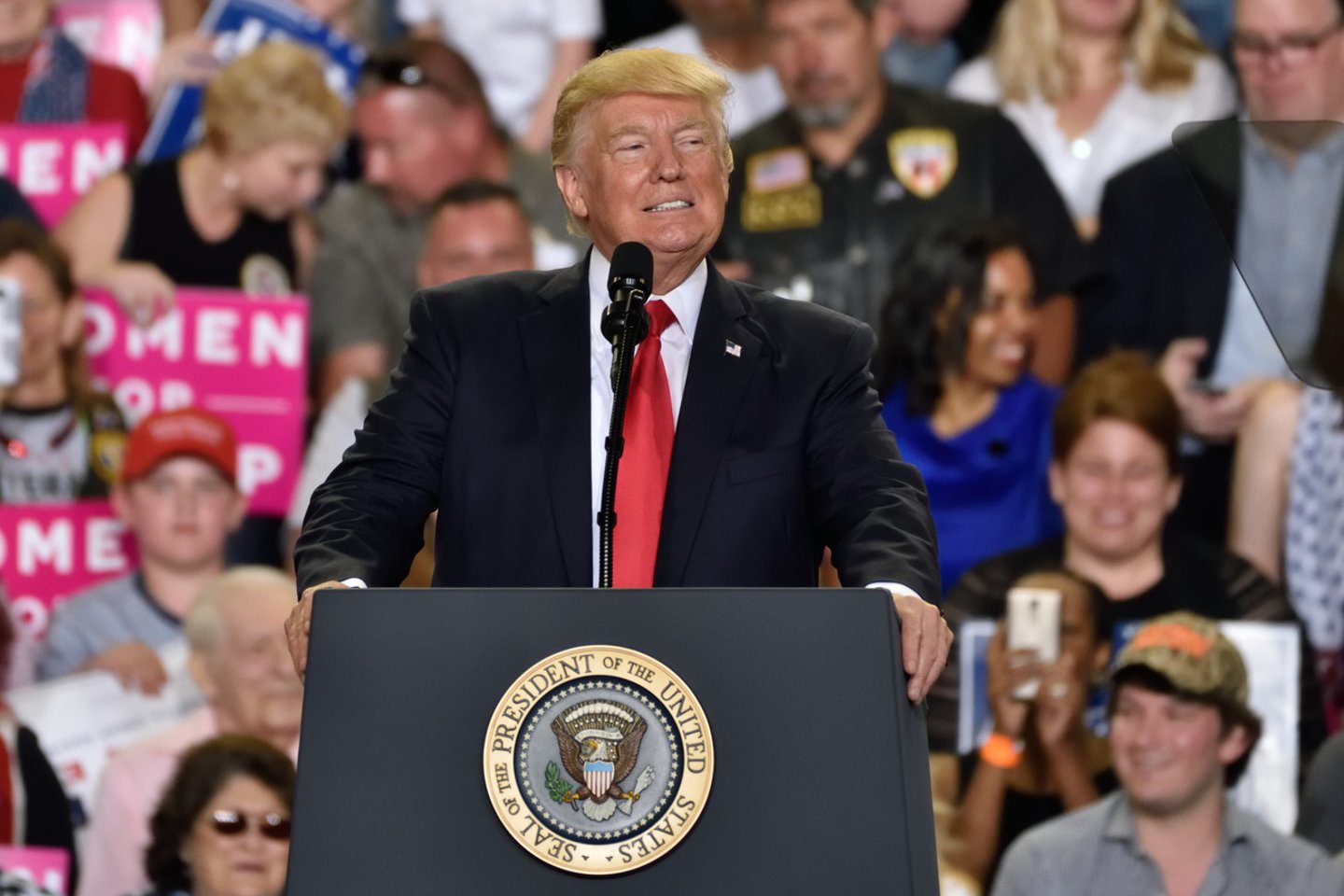 HARRISBURG, PA - APRIL 29, 2017: President Donald Trump marks his "100 days" in office at a post election campaign rally. Held at The Farm Show Complex and Expo Center.; Shutterstock ID 630783071