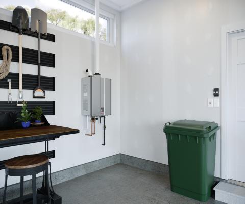 The new Rinnai system in a garage setting.