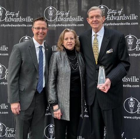 Edwardsville Mayor Art Risavy with R.P. Lumber co-founders Donna and Robert Plummer.